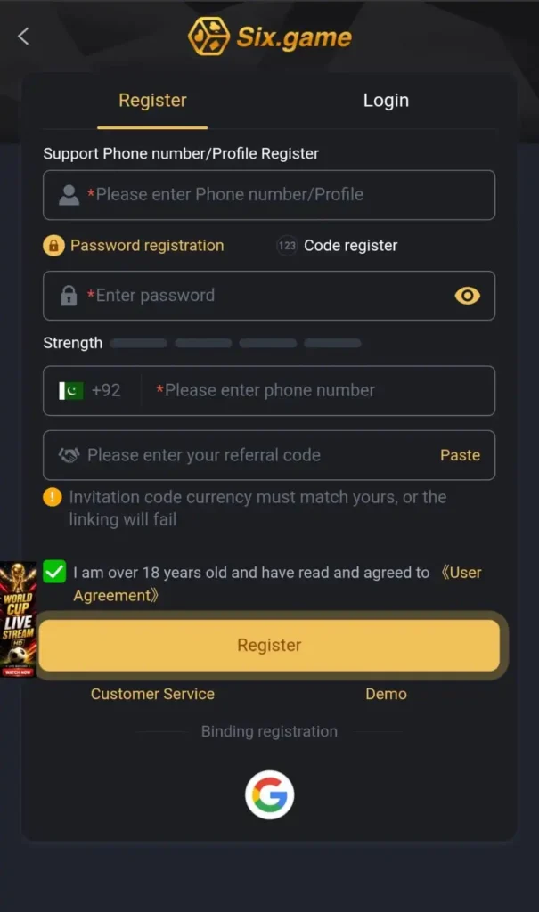 login and register on six game