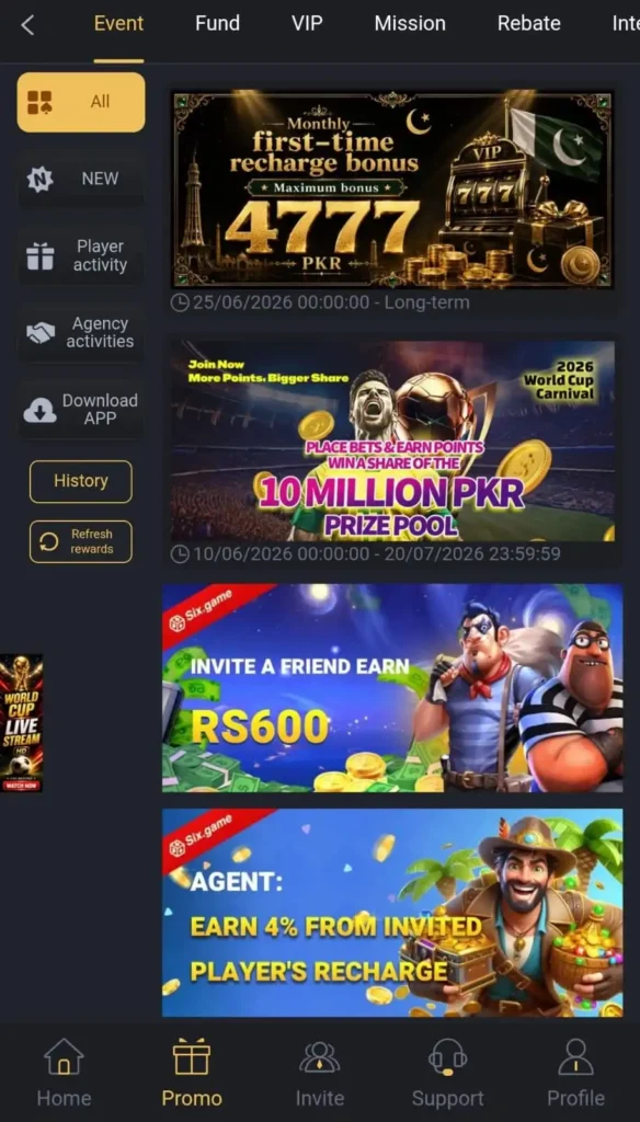 Bonuses and promotions on six game